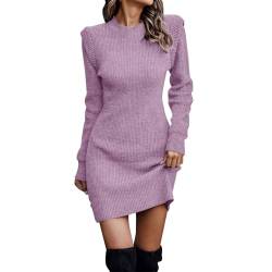 Cvanxluy Pulloverkleid Damen Rundkragen Langarm Einfarbige Strickpullover Damen Mit Rippenstrick Casual Pullover Damen Elastizität Herbst Winter Sweater Damen Elegant Minikleid von Cvanxluy