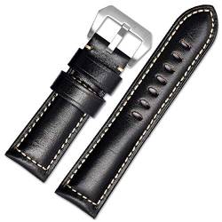 Lederband 22-26mm Uhrenarmband Herrenuhr Band-Öl-Wachs-Ledergürtel Schwarz-Silber-Schnalle, 22mm von Cycat