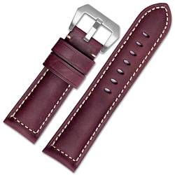 Lederband 22-26mm Uhrenarmband Herrenuhr Band-Öl-Wachs-Ledergürtel Wein-Rot-Silber, 22mm von Cycat