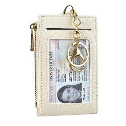 Cynure Kartenhalter für Damen und Herren, Leder, RFID-blockierend, schmal, klein, Reißverschluss, Schlüsselanhänger, Vordertasche, Geldbörse mit 2 Ausweisfenstern, Beige, Einheitsgröße, Minimalistisch von Cynure