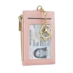 Cynure Kartenhalter für Damen und Herren, Leder, RFID-blockierend, schmal, klein, Reißverschluss, Schlüsselanhänger, Vordertasche, Geldbörse mit 2 Ausweisfenstern, Pink, Einheitsgröße, Minimalistisch von Cynure