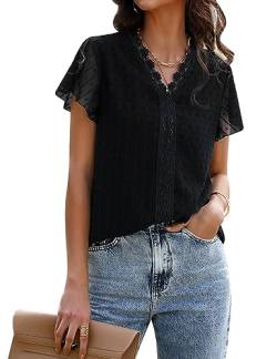 Cyrakt Blusen & Tuniken für Damen Casual V-Ausschnitt Spitze Chiffon T-Shirt Sommer Oberteile Tunika Tops, Schwarz S von Cyrakt