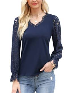 Cyrakt Damen Bluse Elegant Spitze Oberteile Langarm Baumwolle Tops V Neck Laternenärmel Bluse Sommer Tunika Shirts von Cyrakt