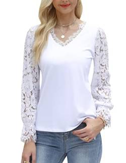 Cyrakt Damen Bluse Elegant Spitze Oberteile Langarm Baumwolle Tops V Neck Laternenärmel Bluse Sommer Tunika Shirts von Cyrakt