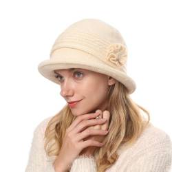 Cysocool Damen Eleganter Winter Glockenhut Wolle Wintermütze Warme Strickmütze mit Blumen Frauen Cloche Hüte Retro Fischermütze Bowler Hut Winterhut von Cysocool