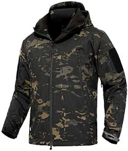 Czen Herren Taktische Camouflage Softshell Jacke Herbst Winter Outdoor Armee Militär Fleece Gefütterte Wasserdichte Jacke Mit Kapuze Outwear Wandern Jagdmantel (cp black,3XL) von Czen