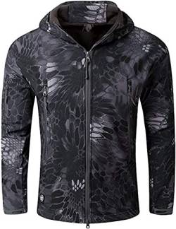 Czen Herren Taktische Camouflage Softshell Jacke Herbst Winter Outdoor Armee Militär Fleece Gefütterte Wasserdichte Jacke Mit Kapuze Outwear Wandern Jagdmantel (python black,3XL) von Czen