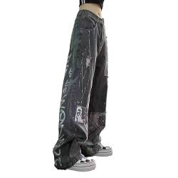 CzooM Damen Low Waist Cargo Jeans Gerade Breites Bein Baggy Denim Hosen Y2k Indie Aesthetic Vintage Jeanshosen 90er Streetwear (Color : Dark Gray, Size : L) von CzooM