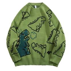 CzooM Damen Strickpullover Kawaii Vintage Dinosaurier Bedruckter Pullover Rundhals Lose Langarm Pullover Niedlich Y2K Sweatshirts (Color : Green, Size : M) von CzooM
