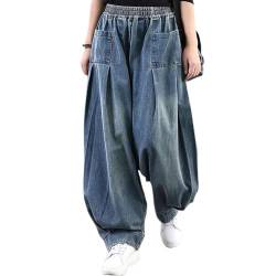 CzooM Lässige Damen-Ballonhose, weites Bein, mittlere Taille, Y2K-Jeans, lockere Baggy-Jeans mit Taschen (Color : Blue, Size : XX-Large) von CzooM