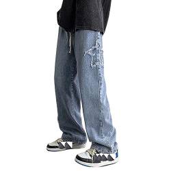 CzooM Men Hip Hop Jeans Baggy Straight Leg Gewaschen Jeanshose Casual Denim Hosen Vintage Bedruckte Jeans Teenager Skateboard Hose Streetwear (Color : Blue1, Size : S) von CzooM