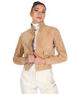 D'Arienzo Damen Wildlederjacke im Bomber Beige aufgesetzte Taschen mit Knöpfen Knopfverschluss Echtleder Faty L/Beige von D'Arienzo