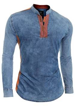 D&R Fashion Herren Blaues Jeanshemd V-Ausschnitt Stehkragen Ellenbogen Flicken Herrenhemd XXL von D&R Fashion