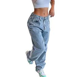 Baggy Jeans Damen Hoher Taille Straight Jeans Breites Bein Jeans Y2K Style Aesthetic Vintage Jeanshosen 90er Streetwear Loose Fit Boyfriend Pants Vintage Denim Hose (A-3, M) von DABASHAN