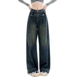 Baggy Jeans Damen Hoher Taille Straight Jeans Breites Bein Jeans Y2K Style Aesthetic Vintage Jeanshosen 90er Streetwear Loose Fit Boyfriend Pants Vintage Denim Hose (Dark Blue-F, XL) von DABASHAN