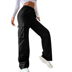 Cargohose Damen Baggy Y2k High Waist Cargo Hose Breites Bein Boyfriend Pants Hip Hop Freizeithose 90er Streetwear für Teenager Mädchen (b-Black, XS) von DABASHAN