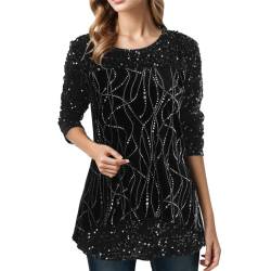 DABASHAN Damen Pailletten Bluse Elegant Langarm Pailletten Oberteil Tunika Langarmshirts Lässig Rundhals Glitzer Party Oberteile Tops Langarmshirt (a-Black, XXL) von DABASHAN