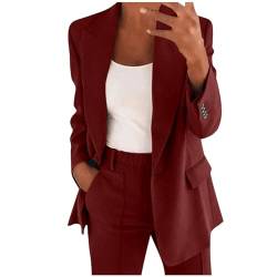 DABASHAN Hosenanzug Damen 2-teilig Elegant Business Anzug Set Slim Fit Blazer und Hose Outfit Einfarbig Revers Casual Sportlich Freizeitanzug Longblazer Lang Hosen Streetwear (Red-b, M) von DABASHAN