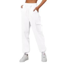 DABASHAN Jogginghose Damen Baumwolle Sporthosen Lange Yoga Hosen High Waist Fitness Laufhosen Winter Warme Sweatpants Freizeithose Trainingshose mit Taschen (1-White, XXXL) von DABASHAN