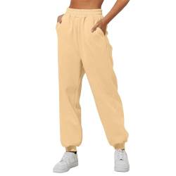 DABASHAN Jogginghose Damen Baumwolle Sporthosen Lange Yoga Hosen High Waist Fitness Laufhosen Winter Warme Sweatpants Freizeithose Trainingshose mit Taschen (2-Beige, XXXL) von DABASHAN