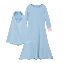 DABASHAN Mädchen Gebetskleidung Kinder Langes Maxikleid Muslim Kleider Einfarbig Mädchen Zweiteilige Kleider (Sky Blue, 1-2 Years) von DABASHAN