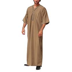 DABASHAN Muslimische Robe Herren Arabische Männer Thobe Halbarm Dubai Robe Islamisch Ramadan Gebetskleidung Lang Abaya Muslim Kaftan (B-Khaki, XL) von DABASHAN