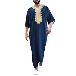 DABASHAN Muslimische Robe Herren Arabische Männer Thobe Halbarm Dubai Robe Islamisch Ramadan Gebetskleidung Lang Abaya Muslim Kaftan (E-Navy, XL) von DABASHAN