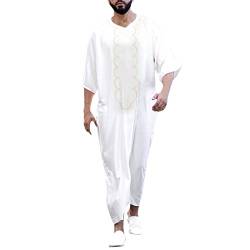 DABASHAN Muslimische Robe Herren Arabische Männer Thobe Halbarm Dubai Robe Islamisch Ramadan Gebetskleidung Lang Abaya Muslim Kaftan (H-White, L) von DABASHAN