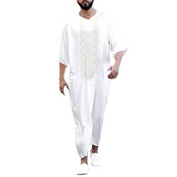 DABASHAN Muslimische Robe Herren Arabische Männer Thobe Halbarm Dubai Robe Islamisch Ramadan Gebetskleidung Lang Abaya Muslim Kaftan (H-White, XL) von DABASHAN