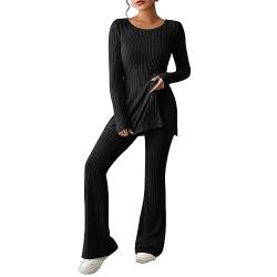 DABASHAN Zweiteiler Damen Strickanzug Langarm Gerippt Strickpullover Schlaghose Sportanzug Jogginganzug Zweiteiler Outfit Weiche Bequeme Freizeitanzug Loungewear Set (2-Black, XL) von DABASHAN