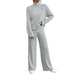 DABASHAN Zweiteiler Damen Strickanzug Langarm Rollkragen Strickpullover Lange Schlaghose Zweiteiler Set Sportanzug Herbst Winter Jogginganzug Freizeitanzug Loungewear (b-Grey, L) von DABASHAN