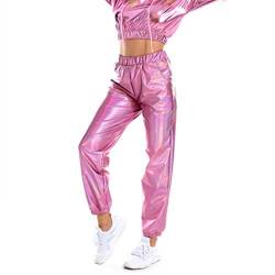 Damen Metallic Glänzend Jogger Holographische Hohe Taille Streetwear Hosen Hip Hop Elastische Hosen Lange Hosen Clubwear Karneval Fasching Kostüme mit Taschen (Pink, M) von DABASHAN