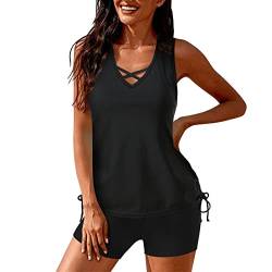 DACONGMING Tankini Damen Bauchweg Set Damen Freizeit Tankini Badeanzug Zweiteiler Tankinis Set Sommer Elegant Badeanzüge für Damen Tankini Oberteil mit Badeshorts (Black-6, XL) von DACONGMING