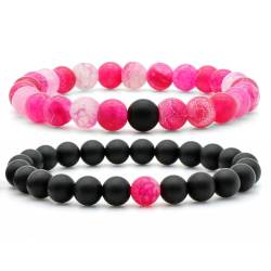 DACRWEKZ Armbänder Für Frauen – Rosa Achatstein, 8 Mm Perlenarmband, Mehrschichtiges Natürliches Schwarzes Glattes Steinarmband Für Frauen, Schönes Stretch-Armband Für Männer, Frauen, Mädchen, Schmu von DACRWEKZ