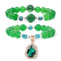 DACRWEKZ Naturstein-Armband – 8 Mm Natürliches Grünes Achat-Armband Mit Blauen Türkisfarbenen Perlen, Mehrschichtiges Grünes Wassertropfen-Anhänger-Stretch-Armband Für Männer, Frauen, Mädchen, Party von DACRWEKZ