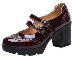 DADAWEN Damen Pumps Plateau Mary Janes mit Blockabsatz Lackschuhe Klassiker Kleid Schuhe von DADAWEN