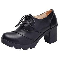 DADAWEN Damen Schnürhalbschuhe Blockabsatz Plateau Pumps Oxfords Klassiker Kleid Schuhe,Schwarz,38 EU von DADAWEN