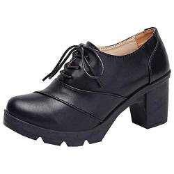 DADAWEN Damen Schnürhalbschuhe Blockabsatz Plateau Pumps Oxfords Klassiker Kleid Schuhe,Schwarz,42 EU von DADAWEN