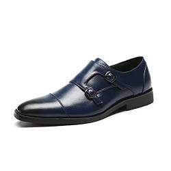 DADIJIER Oxford Dress Shoes for Men Slip On Monk Strap Cap Toe Black Burnished Toe PU Leather Block Heel Non Slip Resistant Low Top Rubber Sole Casual Formale Schuhe (Color : Blau, Größe : 37 EU) von DADIJIER