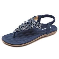 DAFENP Sandalen Damen Sommer Flach Flip Flops Bohemian Blume Strasssteine Zehentrenner mit Strass LX5881-Blue-EU38 von DAFENP