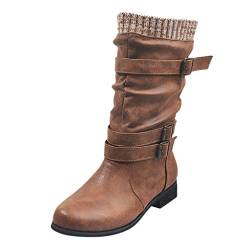 DAIFINEY Damen Round Toe Low-Heeled Buckle Strap Western Middle Boots Gelb von DAIFINEY