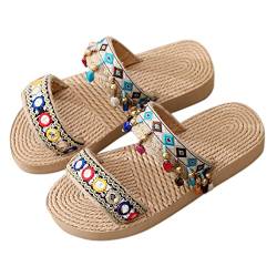 DAIFINEY Mode Sommer Kinder Schuhe Mädchen Hausschuhe Dicke Sohlen Leichter Slip On Quaste Stickerei Ethnischer Stil Strand Stil Womens Slippers von DAIFINEY