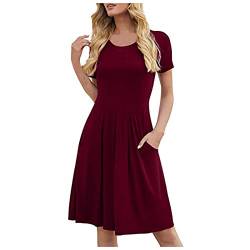 Damen Freizeitkleid lässige Kleid Taillenbetontes Kleid A-Linien-Kleid Swing Kleid Knielanges Kleid Midi Kleid Rundhals Kurze Ärmel Beiläufige Kleid Alltagskleid(1-Rot/Wine,38)#0446 von DAIFINEY