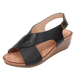 Damen Sandalen Riemchensandale Keilsandalen Slingback Peep Toe Beach Strandsandale Sommer Sandals Freizeitschuhe(3-Schwarz/Black,38) von DAIFINEY