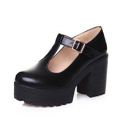 Damen Schuhe Türkis Damen-Block-High-Heel-Plateauschuhe, Knöchelriemen, Mary-Jane-Schuhe, runde Zehenpartie (Black, 34) von DAIFINEY