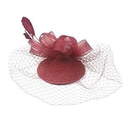 Elastische Stirnbänder 2023 Fascinator Hut Feder Mesh Tea Party Haarband für Frauen (Wine, One Size) von DAIFINEY
