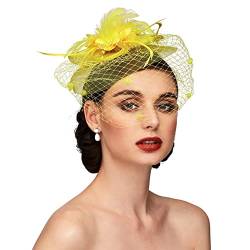 Tennis Kostüm Kopfbedeckung, Feder-Kopfbedeckung, Braut-Haar-Accessoires, imitierte Blumen-Mesh-Blütenblatt-Kopfbedeckung, Brauthut, Rennbahn-Festival-Kopfbedeckung (Yellow, One Size) von DAIFINEY