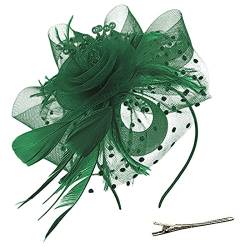 Tennisrucksack Mädchen Hut für Frauen Feder Tea Party Braut Hochzeit Cocktail Mesh Stirnband Haarspange (Green, One Size) von DAIFINEY