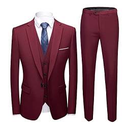 DAIHAN Anzug Herren Slim Fit 3 Teilig Anzüge Herrenanzug Sakko für Hochzeit Business Hochzeitsanzug Eleganter Sakko Jacke Anzugjacke Anzughose Weste Set,Weinrot,4XL von DAIHAN