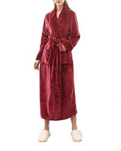 DAIHAN Bademantel Damen Und Herren Morgenmantel Nachthemd Nachtwäsche Nightwear Bademantel Kimono Saunamantel mit V-Ausschnitt,Weinrot-Frauen,L-XL von DAIHAN